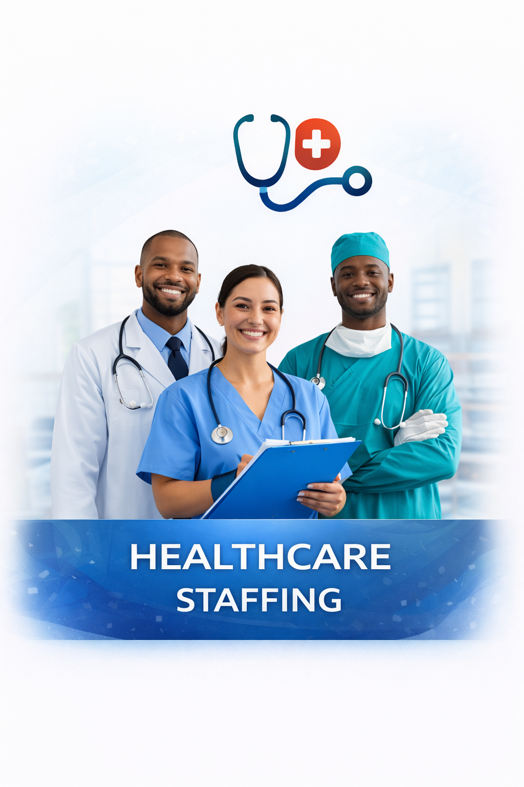 Three smiling healthcare professionals, two men and one woman, in medical scrubs and lab coats, standing in a hospital setting with an illustration of a stethoscope and medical cross above them. The text reads 'Healthcare Staffing.'