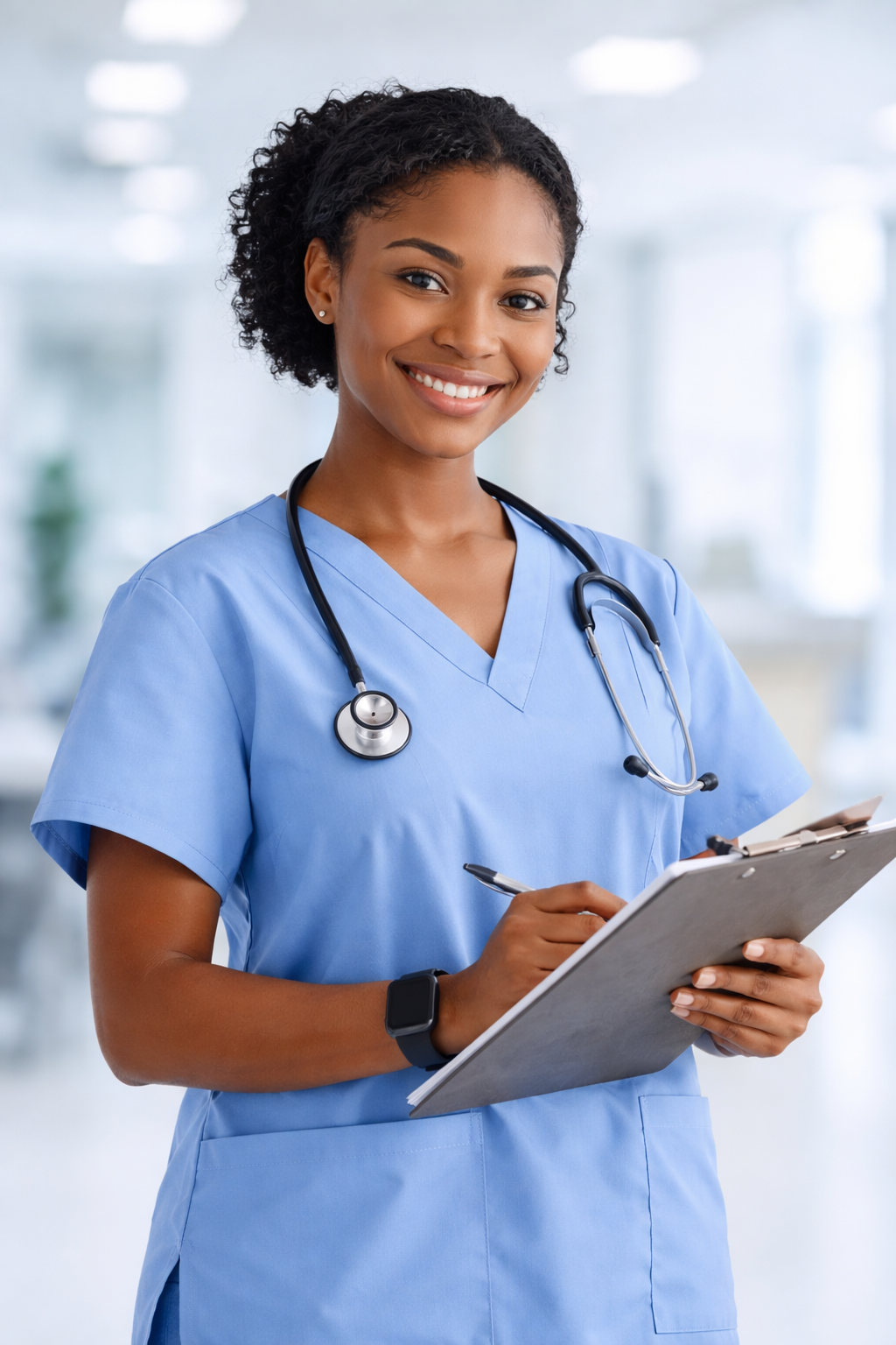 Young female nurse in light blue scrubs with a stethoscope around her neck, holding a clipboard and smiling in a medical facility.