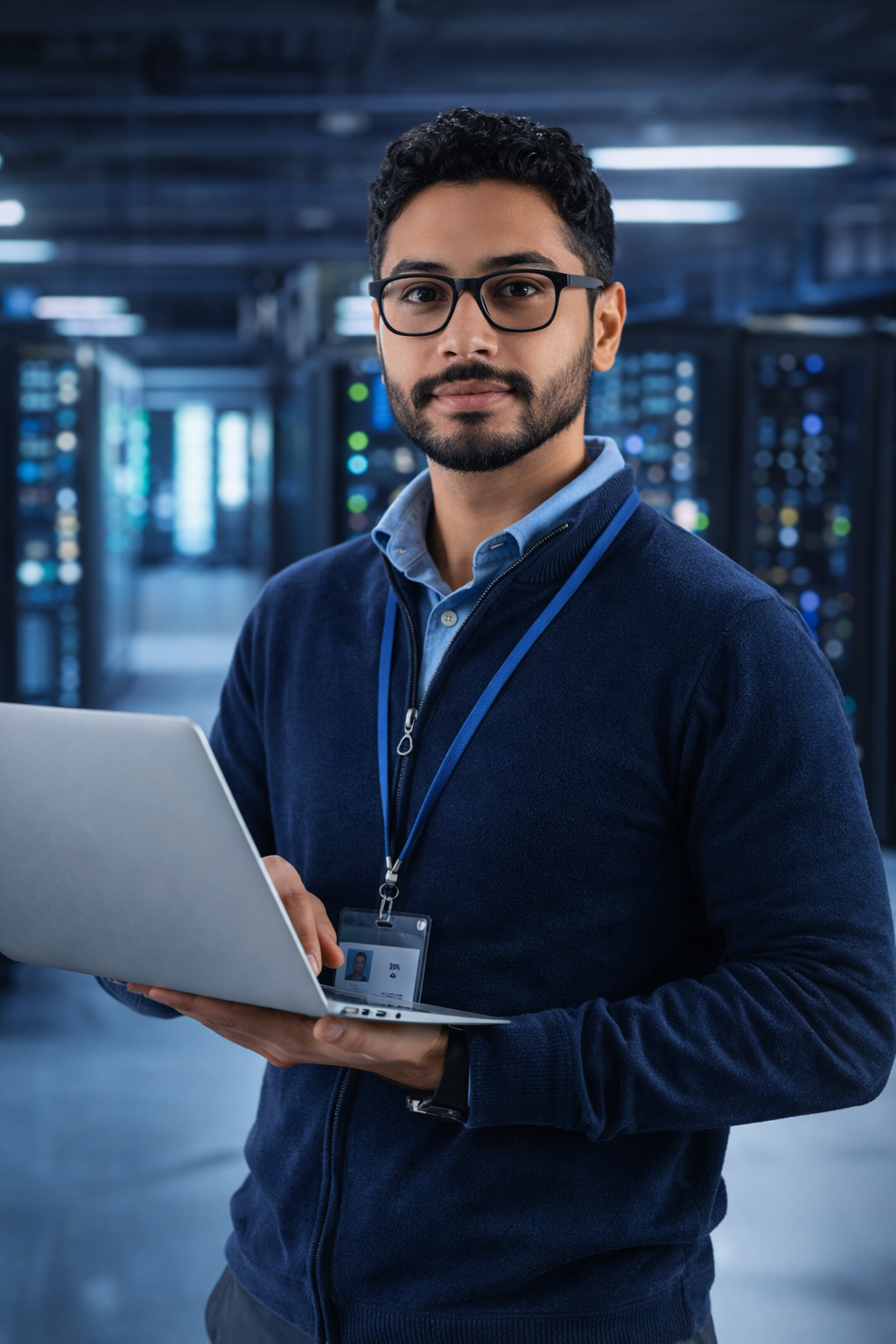 A man with glasses, a beard, and dark hair holding a laptop in a data center with server racks in the background.
