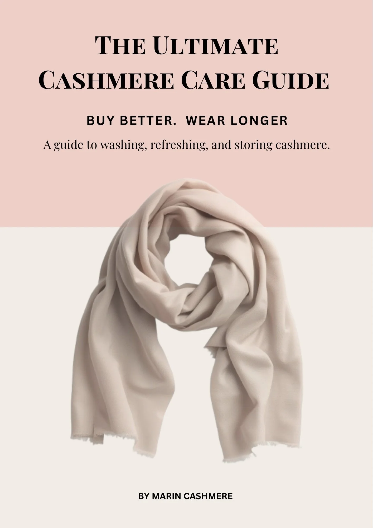 Cover of a guide titled 'The Ultimate Cashmere Care Guide' featuring a folded cashmere scarf against a pink and white background.