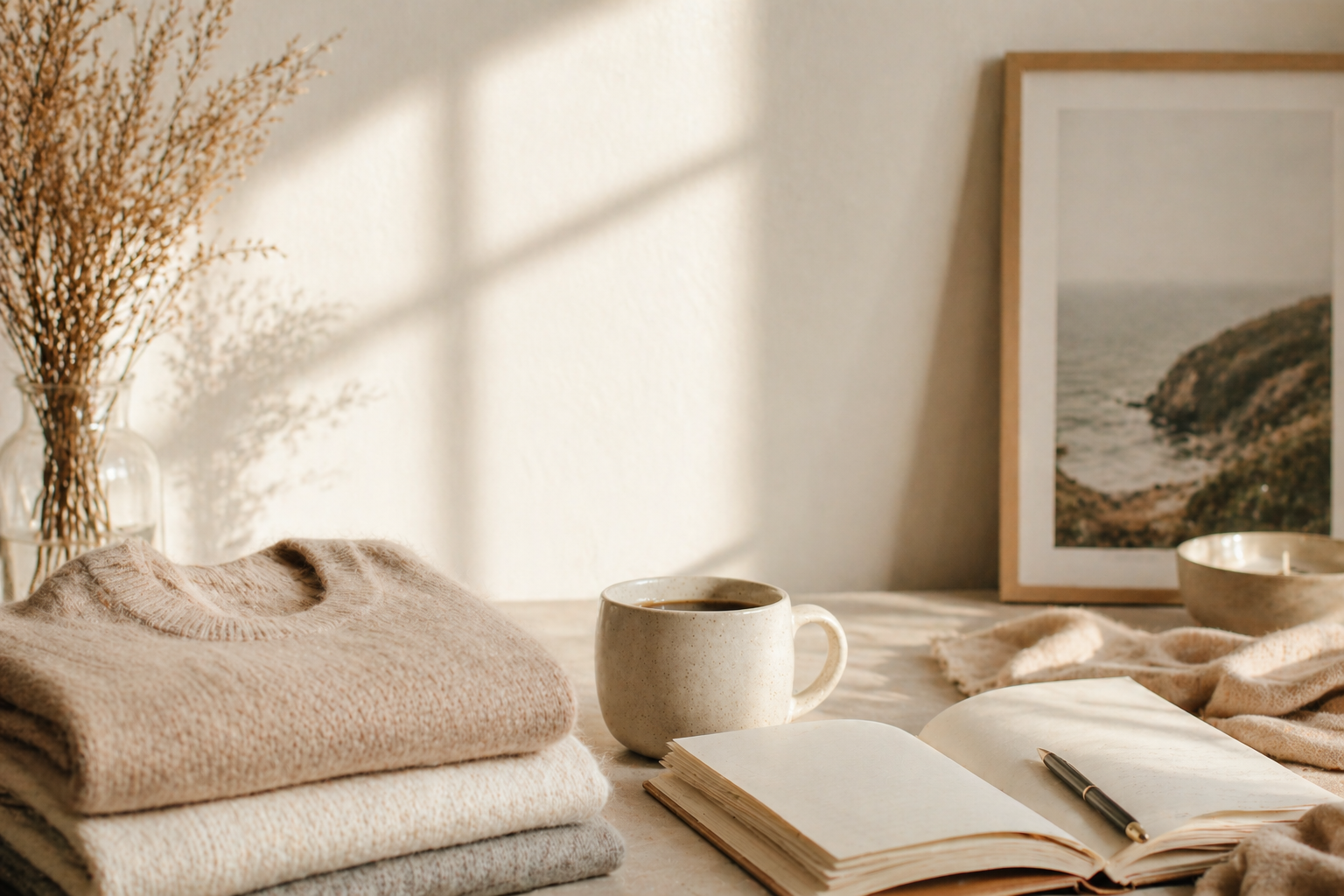 A cozy workspace with folded sweaters, a cup of coffee, an open notebook with a pen, a framed landscape photo, and soft fabrics on a wooden surface, illuminated by warm sunlight.