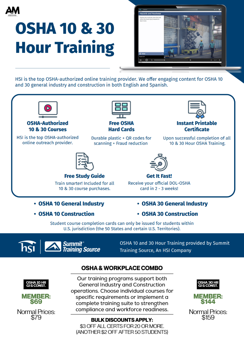 Informational flyer advertising OSHA 10 and 30 Hour Construction and Industry Training courses, including available materials and pricing.