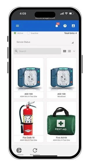 Mobile phone screen displaying a first aid app with icons for AEDs, a fire extinguisher, and a first aid kit.