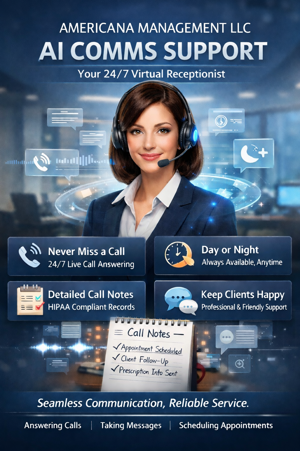 Promotional poster for Americana Management LLC's AI communication support service featuring a woman in a headset, with icons representing calls, messages, and notes, emphasizing 24/7 virtual receptionist services, detailed call notes, and client support.