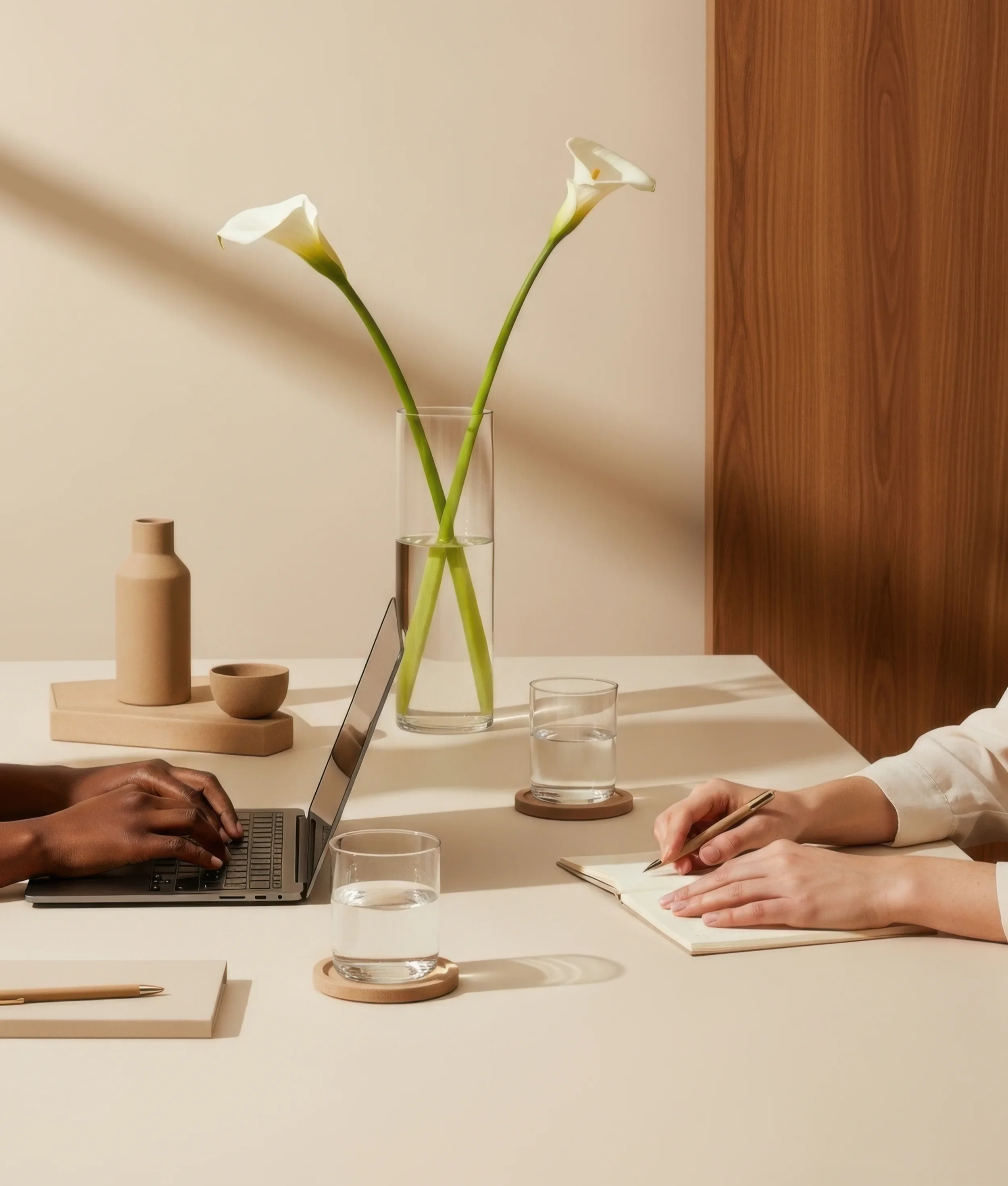 Two people working at a table with a laptop, notebooks, glasses of water, and minimalist decor including a vase with white calla lilies and small ceramic vases.