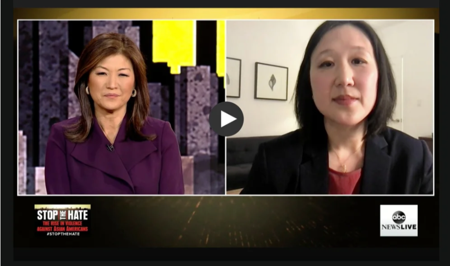 A split-screen video interview with two women, one in a purple suit on the left and the other in a black blazer on the right, discussing Asian American issues. The screen has graphics promoting the message 'Stop the Hate' and a logo for ABC News Live.