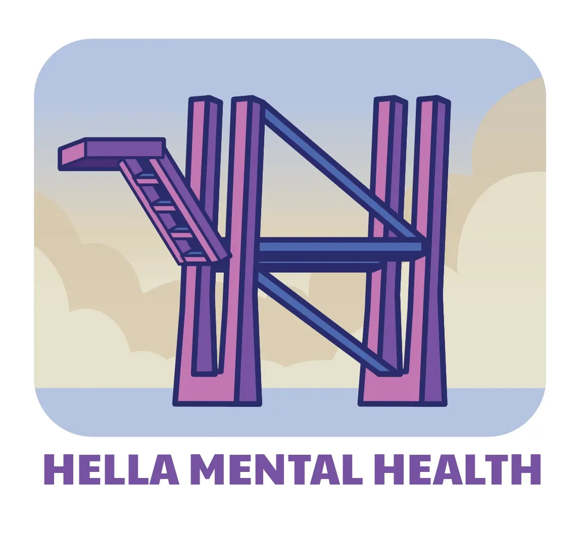 A stylized illustration of a wooden chair with the words "HELLA MENTAL HEALTH" written underneath.