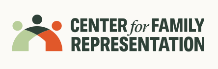 Logo for Center for Family Representation featuring stylized figures of a family in green, black, and orange, with the text 'Center for Family Representation' to the right.