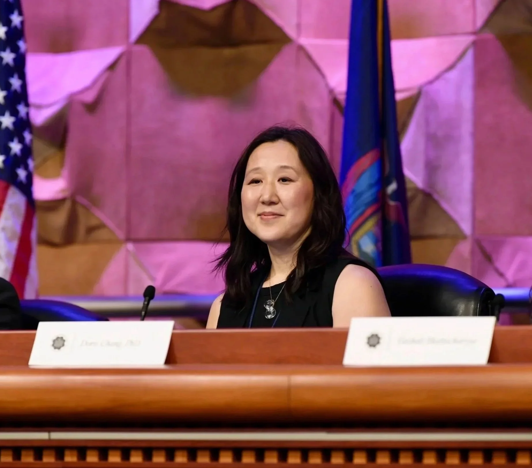 A woman with shoulder-length dark hair, wearing a black sleeveless top, sitting at a conference table with a nameplate and microphone, smiling slightly. Behind her are flags and a textured pink and brown wall.