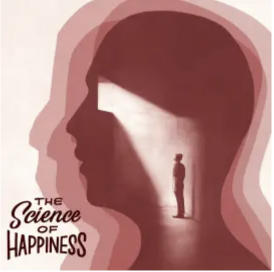 Silhouette of a person's profile with a smaller person inside their head, symbolizing inner happiness or mental health, with the text "The Science of Happiness."