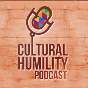 Logo for the Cultural Humility Podcast featuring a microphone with colorful geometric shapes on a brick wall background.