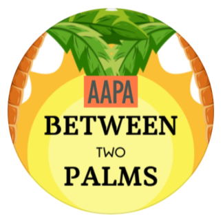 A circular logo with green palm leaves at the top, yellow background, and orange banner reading 'AAPA'. The text 'BETWEEN TWO PALMS' is prominently displayed in black in the center.