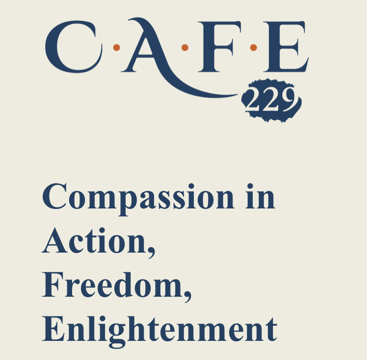 Logo for a café with the number 229, and the tagline "Compassion in Action, Freedom, Enlightenment"