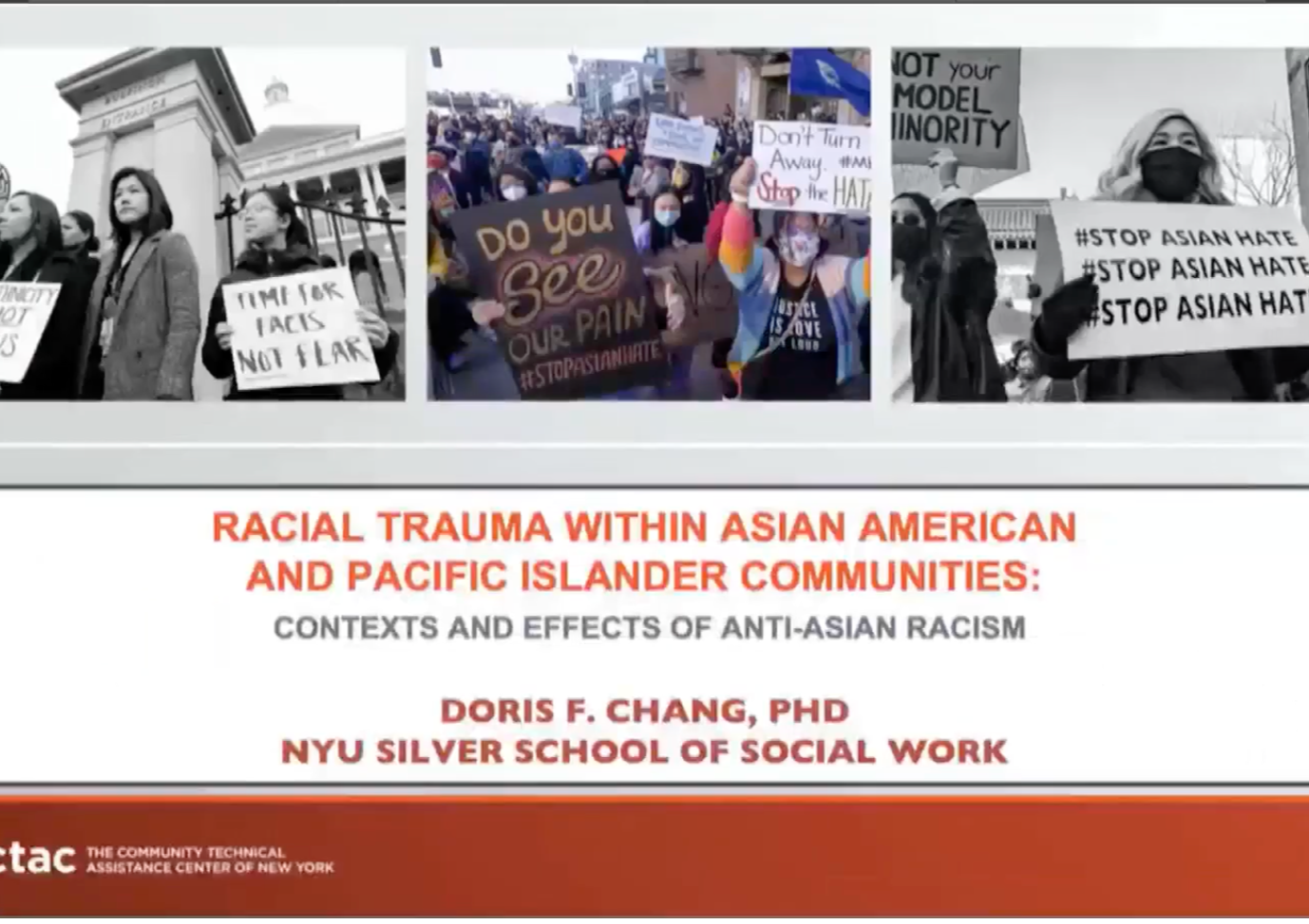 Title slide for a presentation on racial trauma within Asian American and Pacific Islander communities, with three protest photos at the top showing people holding signs advocating against anti-Asian racism, including messages like 'Time for Asians Not Fears,' 'Do You See Our Pain,' and 'Stop Asian Hate.'