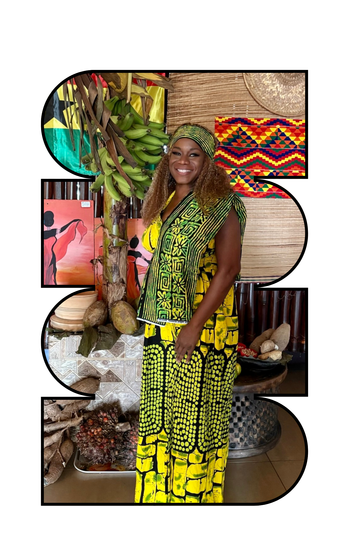 A woman wearing a yellow and black traditional African dress with intricate patterns, standing indoors near a banana tree with bananas hanging from it, surrounded by colorful artwork, woven baskets, and traditional artifacts.