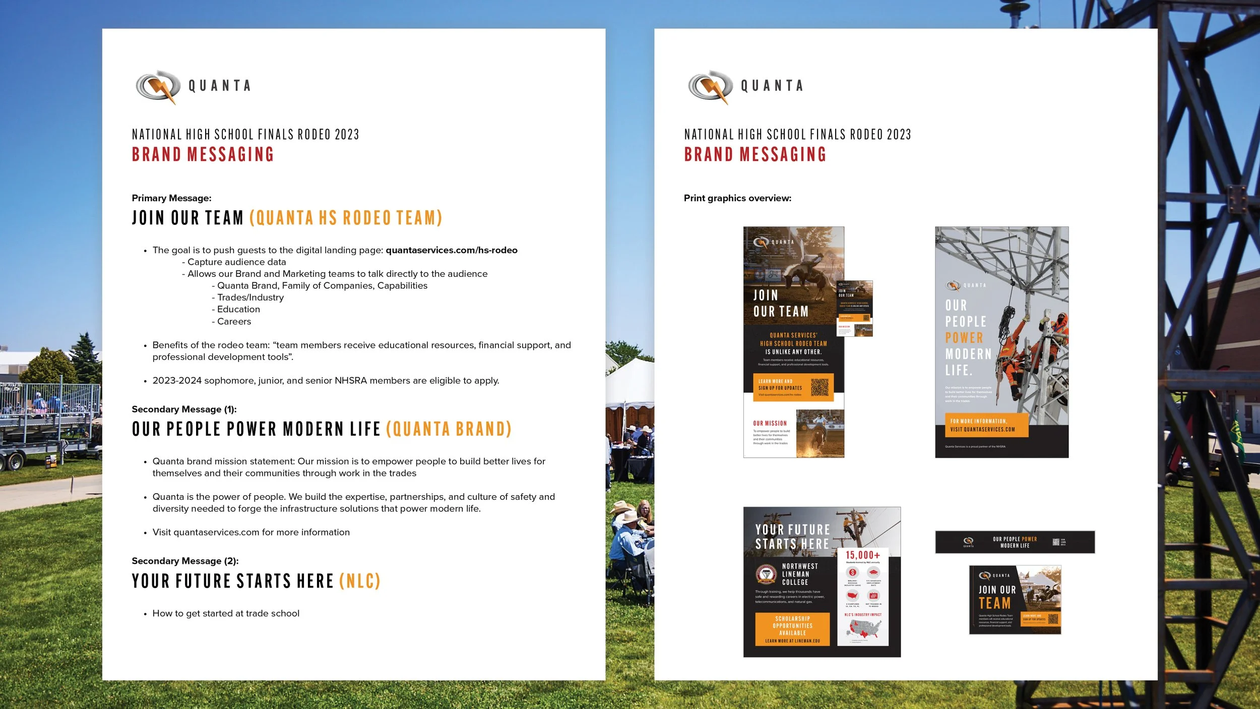 Two printed posters/info sheets promoting Quanta's high school rodeo team. The left sheet contains detailed text about the team, messaging, benefits, and application info. The right sheet shows graphics and images related to the team and educational opportunities, including a rodeo scene and safety gear.