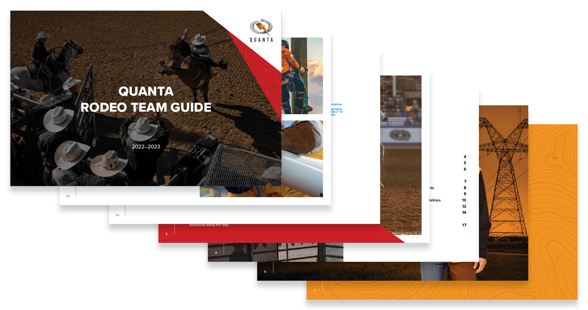 A multi-page team guide document for Quanta Rodeo Team, 2022-2023, with images of rodeo scenes, team members, and an electric power line.