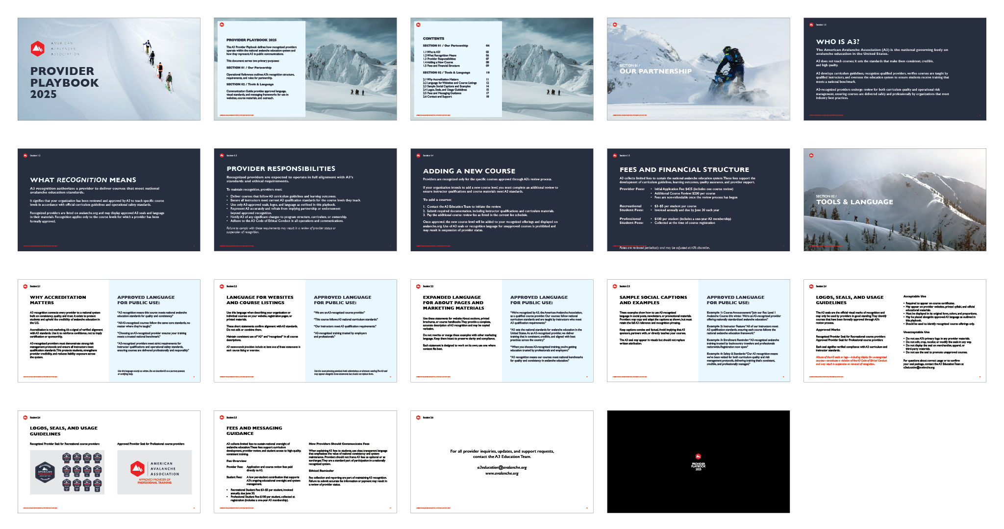 Slides from the Provider Playbook 2025 for the American Avalanche Association, featuring snow-covered mountains, skiers, and snowboarding scenes.