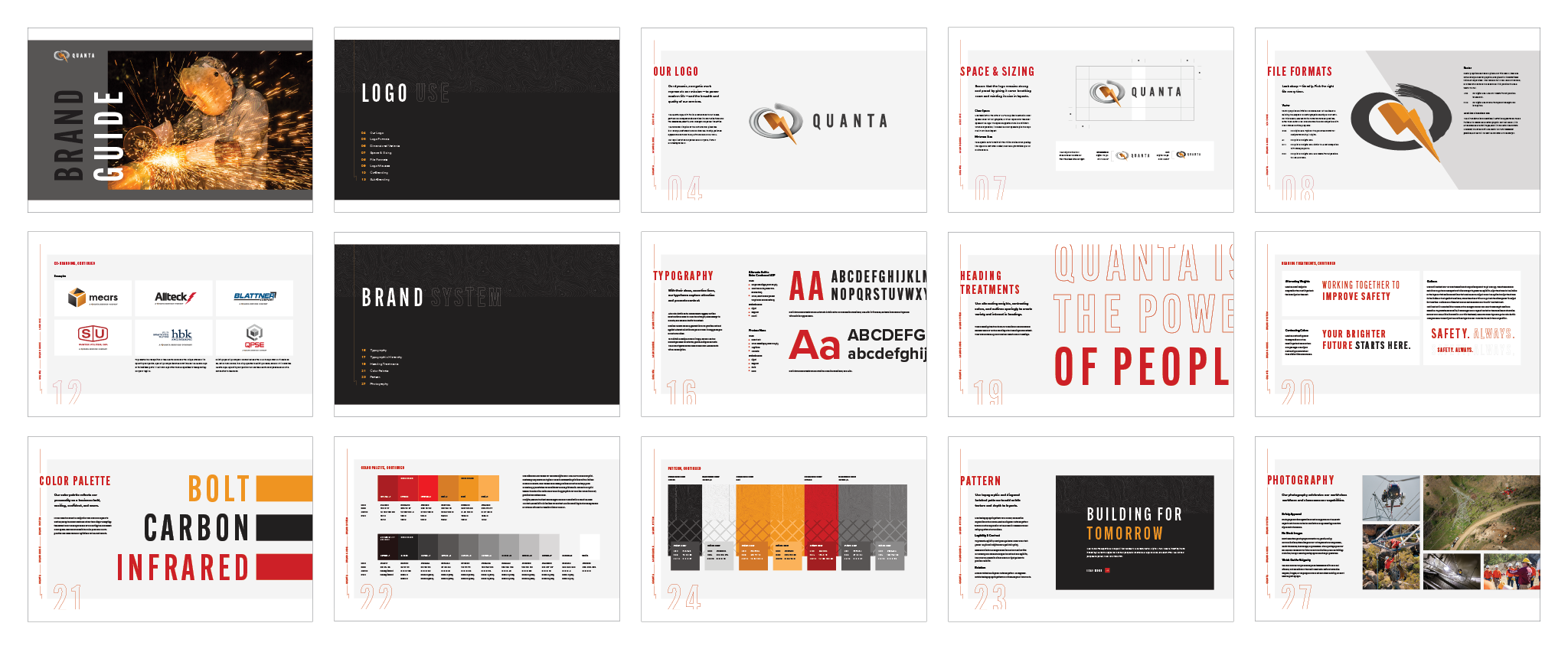 A presentation slide deck for a brand guide titled 'Brand Guide' with slides on logo usage, brand system, typography, color palette, and photography, featuring the company name 'Quanta', logo, and design elements.