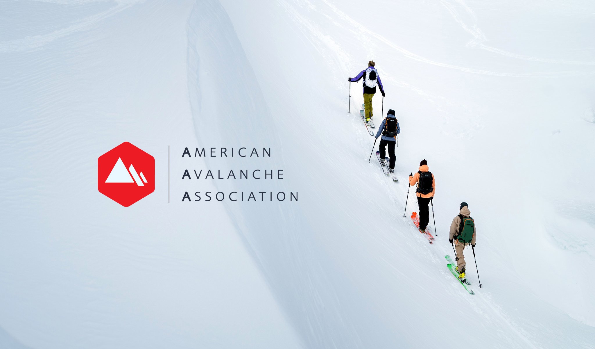 Group of ski mountaineers ascending a snow-covered slope, carrying backpacks and using ski poles, with the logo and text for the American Avalanche Association on the left side.