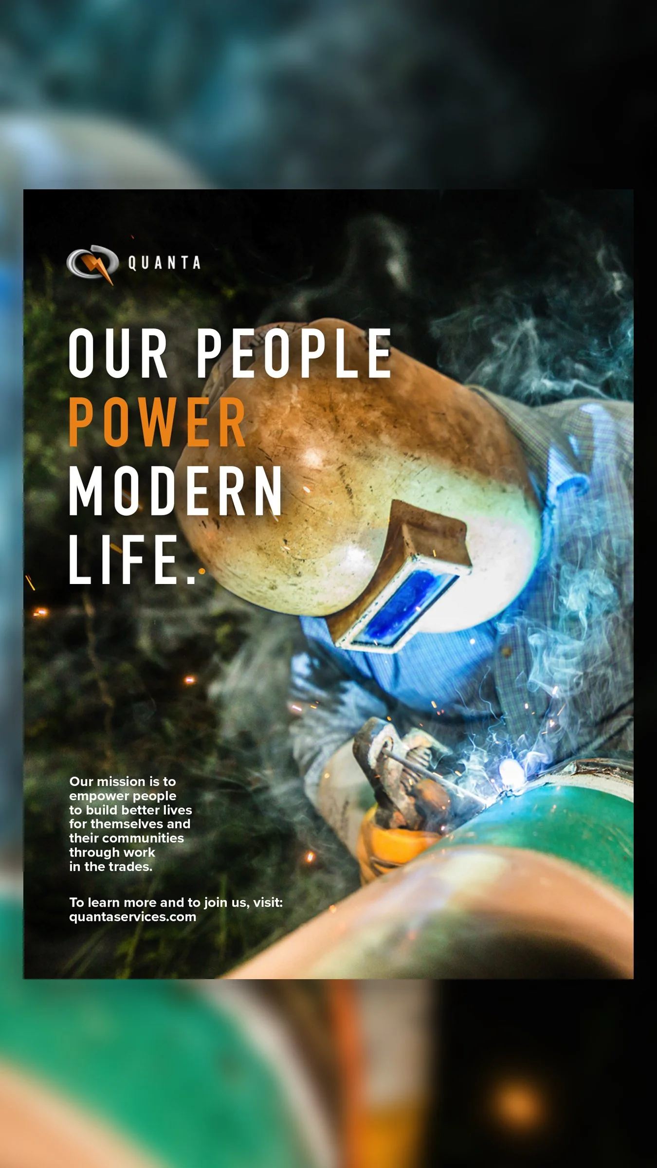 A welder wearing a protective helmet and gloves is welding metal, creating sparks and smoke.