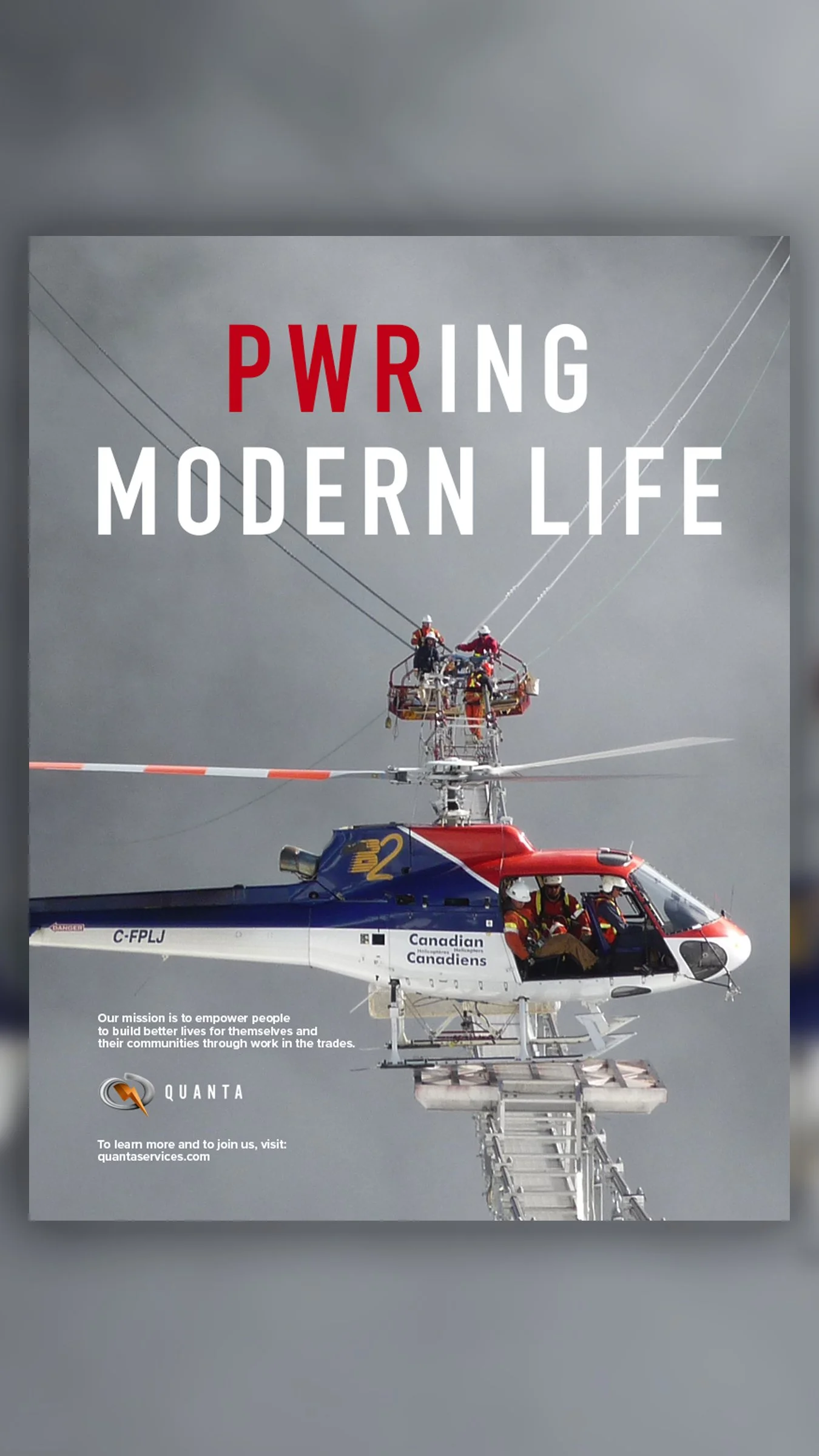 A helicopter with rescue personnel on an extended ladder against a cloudy sky, with bold text overlay reading 'PRWING MODERN LIFE' and smaller text about an emergency services mission and contact information.
