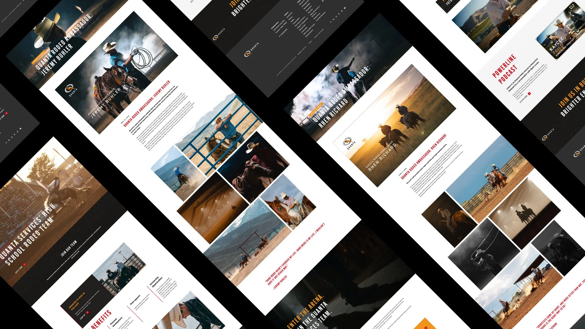 Multiple website mockups for Quanta Rodeo, featuring images of people riding horses, rodeo scenes, and team photos, with text promoting a school rodeo team and related content.