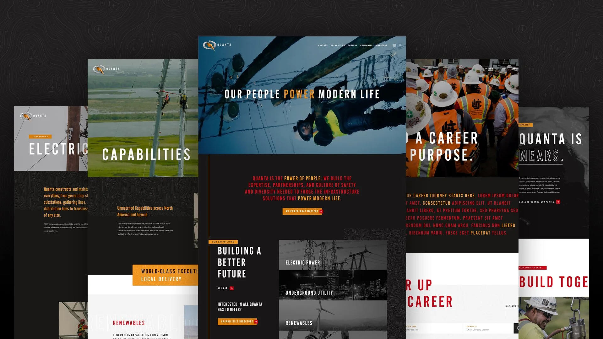A collage of five website homepage screenshots for Quanta, an energy infrastructure company. The images include scenes of power lines, workers in safety gear, electrical equipment, and energy facilities.