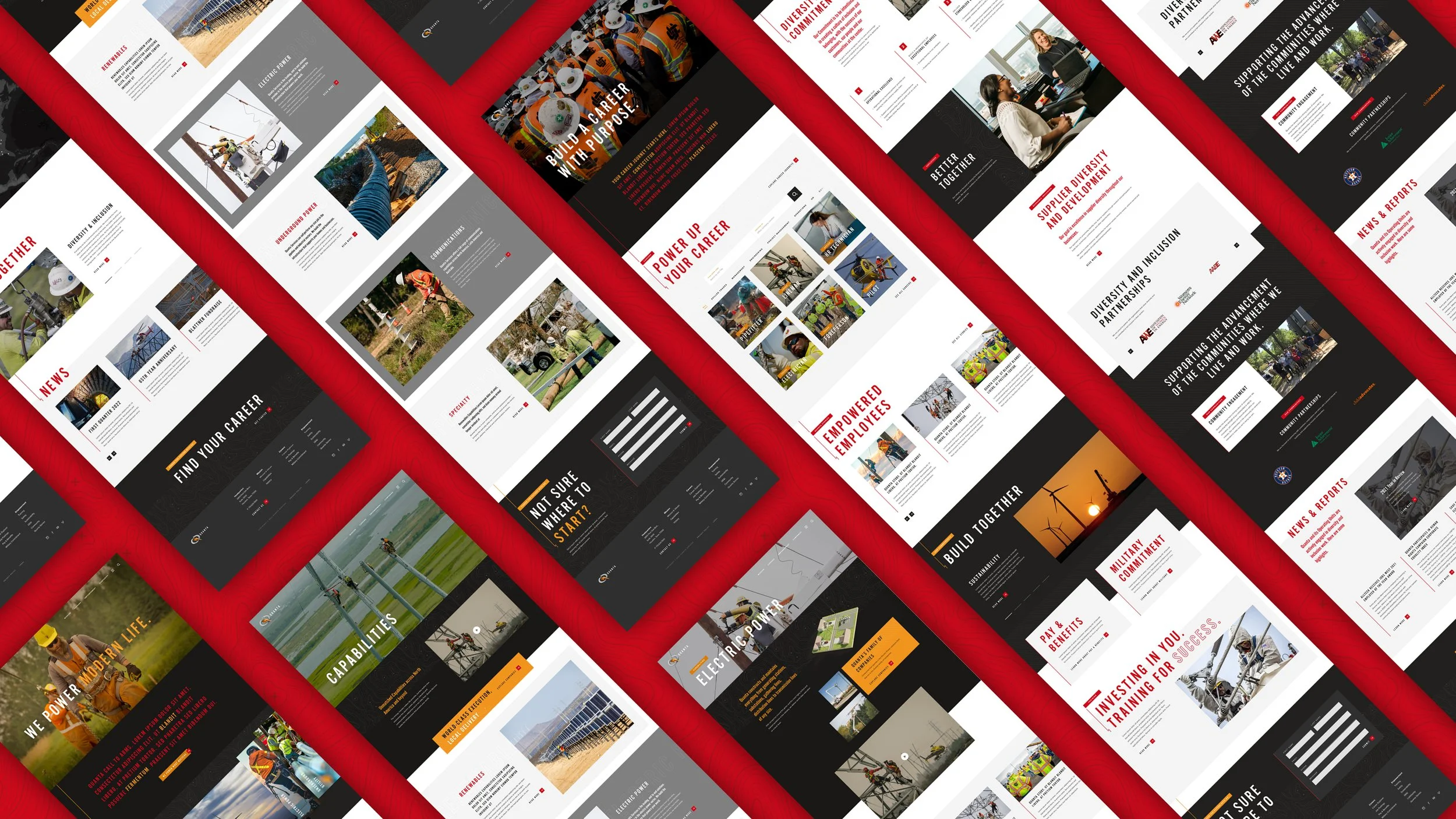 Multiple website design mockups with themes of renewable energy, engineering, construction, and community development featuring images of wind turbines, solar panels, infrastructure projects, and team collaboration, arranged in a diagonal pattern on a red background.