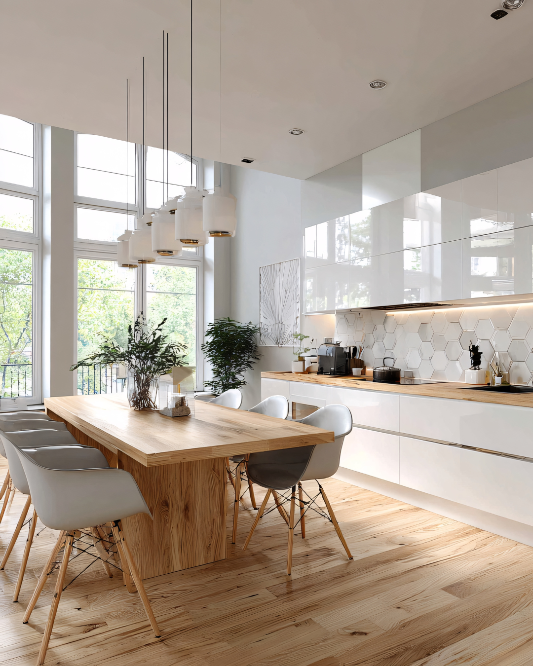 Modern kitchen and dining area with large windows, wooden dining table, white chairs, hanging pendant lights, potted plants, white cabinets, hexagonal backsplash, and natural light.