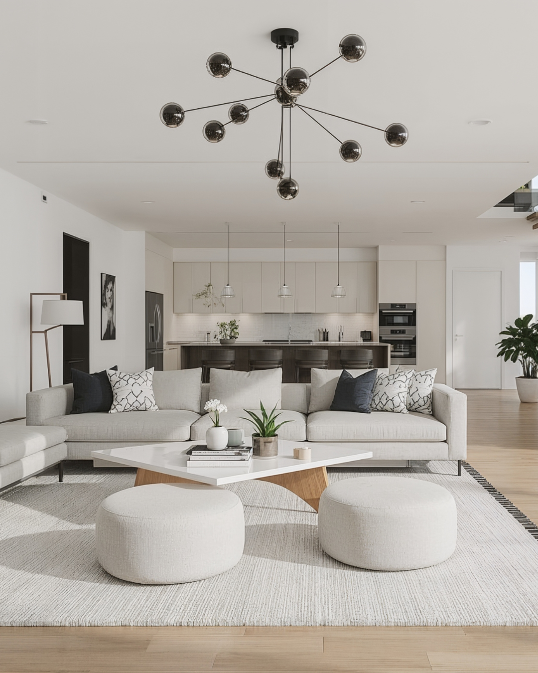 Modern open-concept living room with a white sofa, black and patterned throw pillows, a white coffee table with plants and magazines, and a black sculptural chandelier hanging from the ceiling. In the background is a kitchen with white cabinets, a dark island, and pendant lighting.