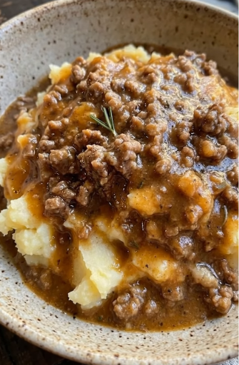 August 20th Old Fashioned Hamburg Gravy over Mashed Potatoes and Corn