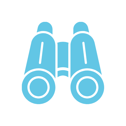 Icon of blue binoculars on a white circular background.