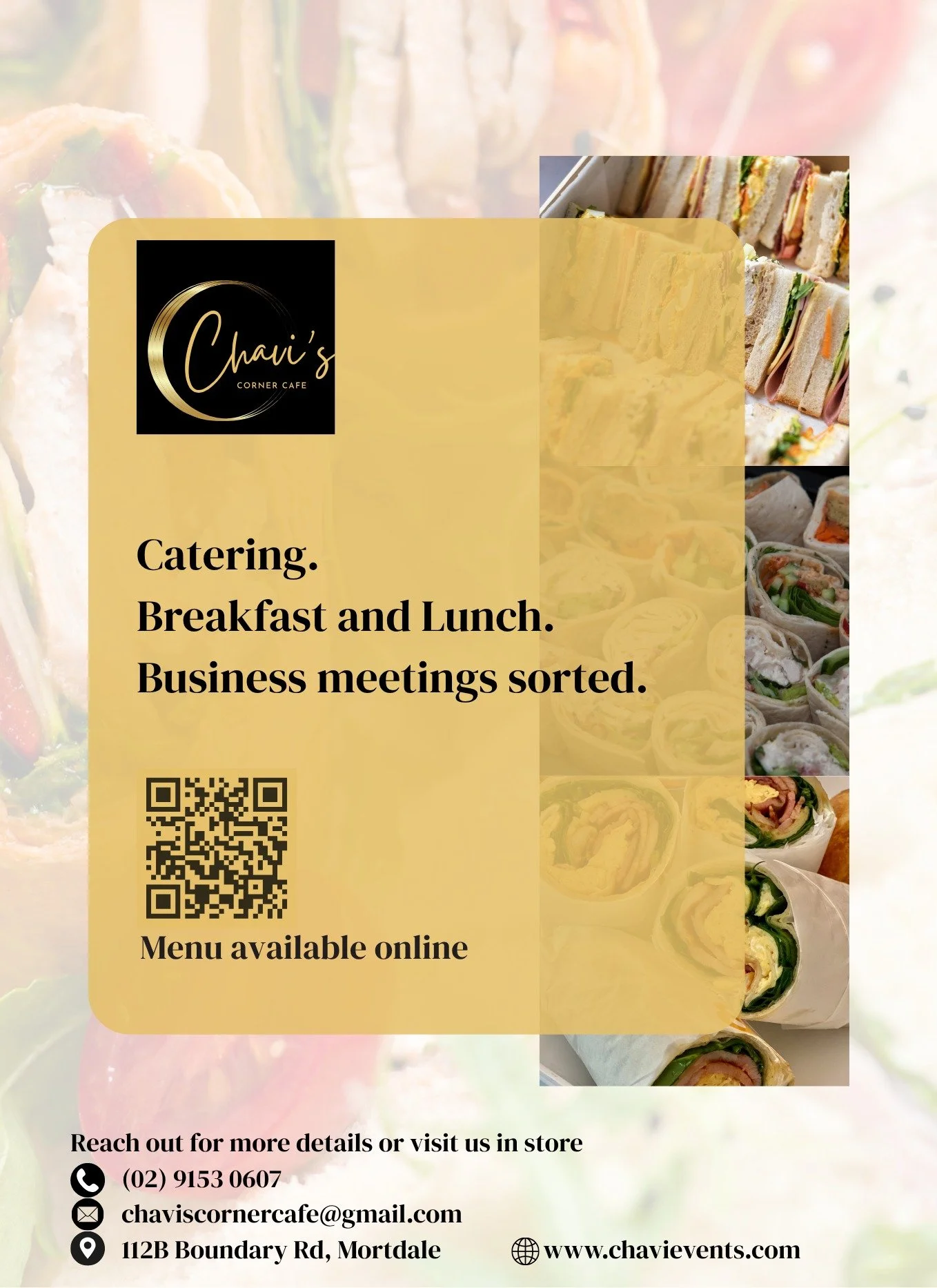 Meetings, staff lunches, training days or early starts sorted 👌

Chavi&rsquo;s Corner Caf&eacute; is now offering fresh breakfast and lunch catering for local businesses, schools and workplaces across the St George area.

🥐 Breakfast boxes
🥪 Sandw