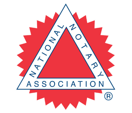 Logo of the National Notary Association with a red starburst background and a white triangle with blue border and text
