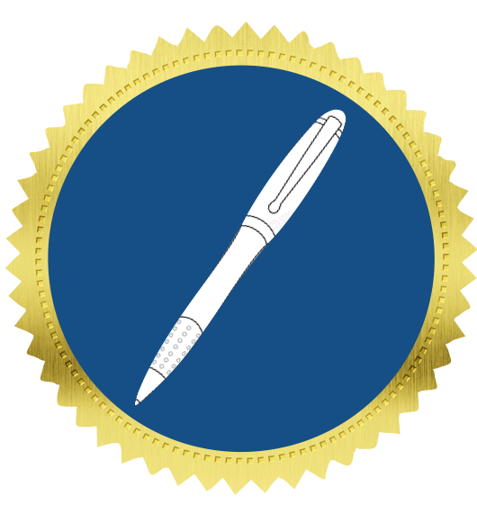Icon of a pen inside a gold seal or badge.
