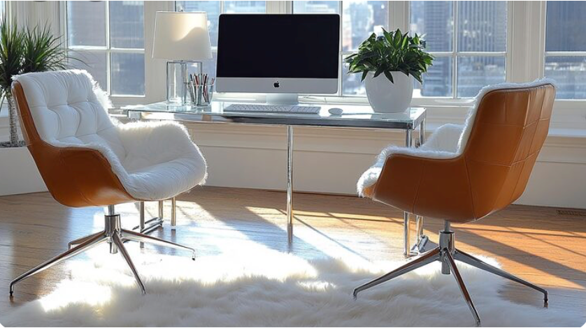Home office with a desk, an iMac, two leather chairs, a potted plant, a white lamp, a fluffy white rug, and large windows with a city view.