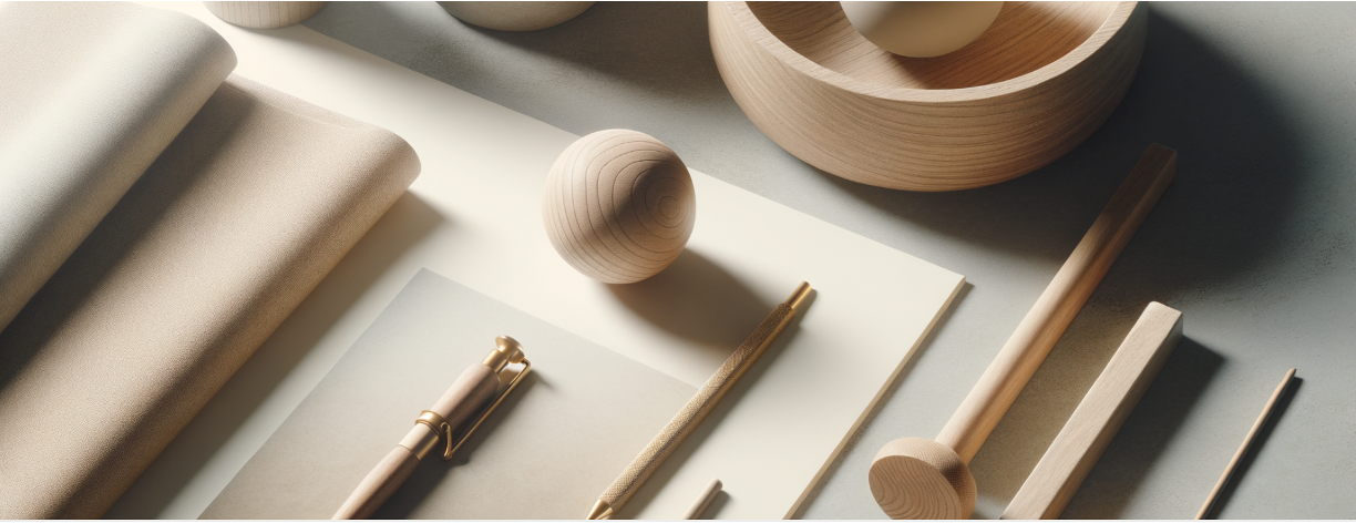 Flat lay of minimalist wooden objects, writing utensils and fabric items including a ball, bowl, pen, and various rectangular and long objects on a light surface