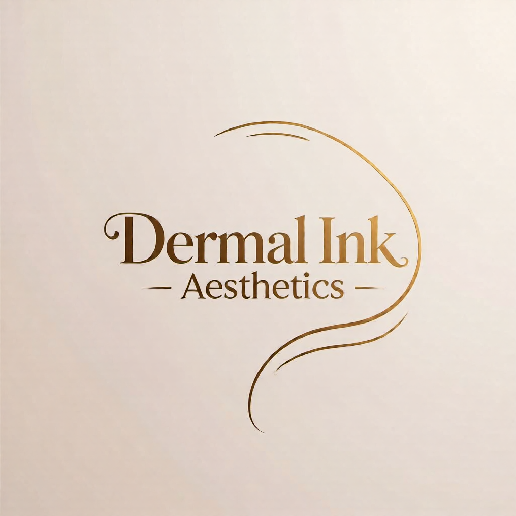 Logo for Dermal Ink Aesthetics with stylized text and a decorative curved line.