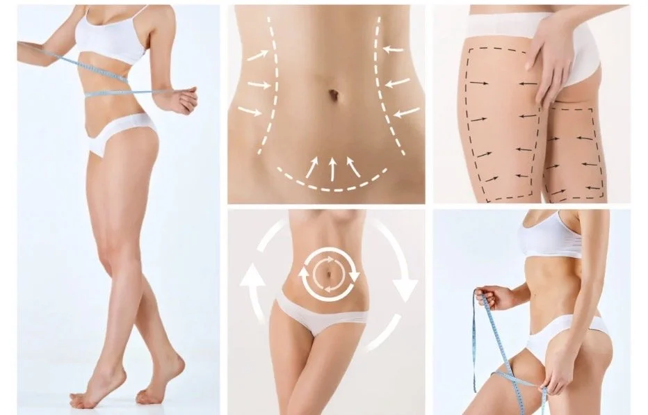 Collection of images showing body measurement and contouring procedures, including measuring waist, hips, thighs, and abdomen, with diagrammatic overlays indicating targeted areas for body shaping or cosmetic procedures.