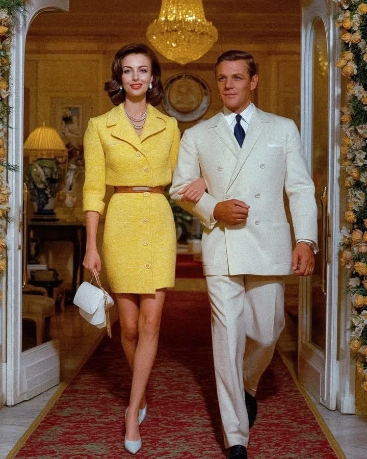 A woman and a man dressed in 1950s formal attire walking arm-in-arm in a well-decorated interior with a chandelier and floral decorations.
