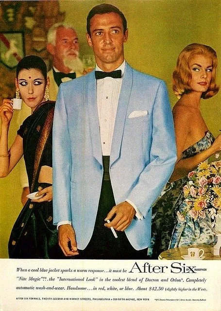 A vintage movie poster for 'After Six' featuring a man in a light blue tuxedo jacket with black bow tie, flanked by women in dresses, one holding a teacup, with an older man in the background.
