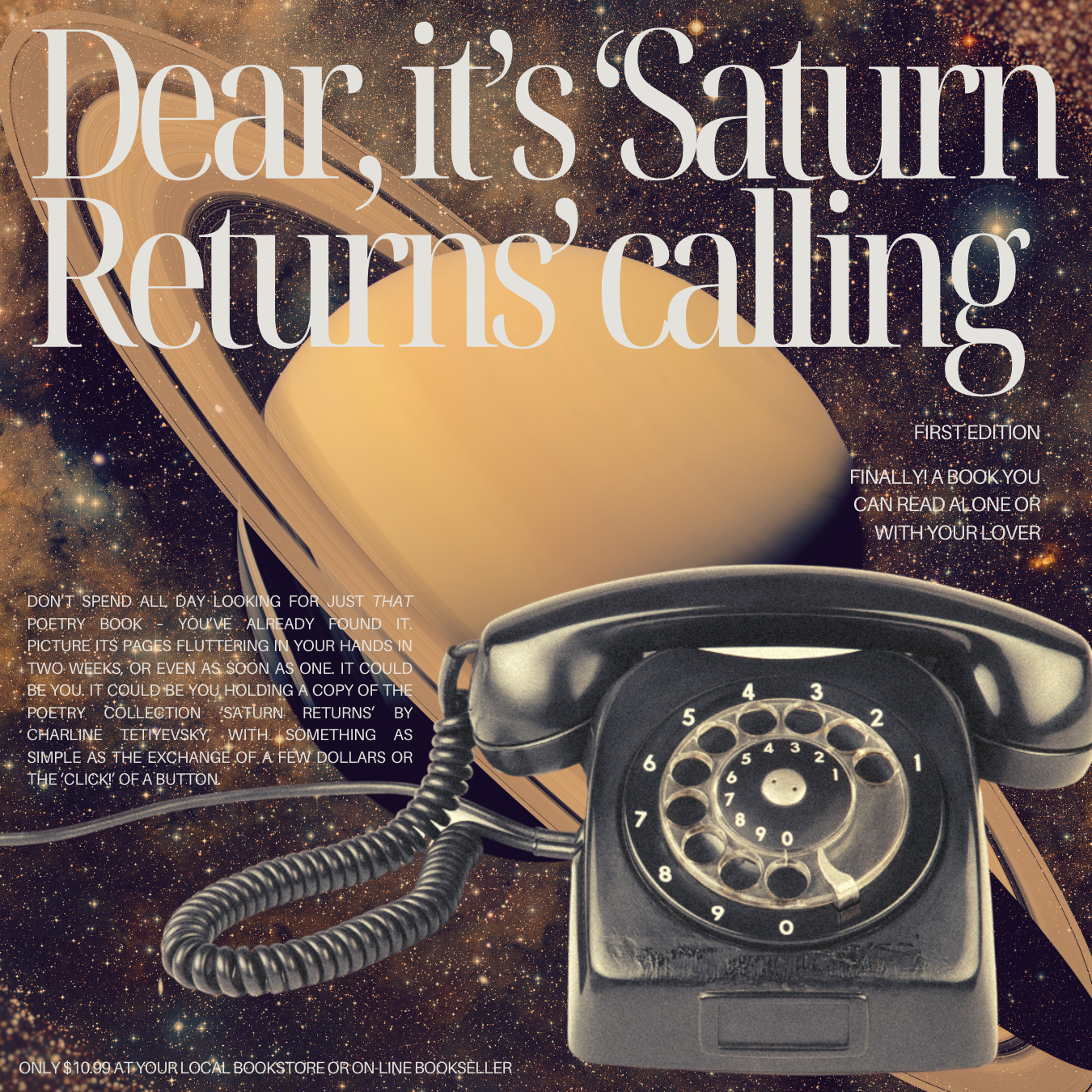 A 70s-style ad for the poetry book Saturn Returns by Charline Tetiyevsky