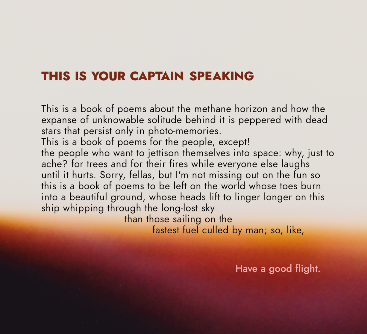 Saturn Returns poetry book back cover with the title 'This is Your Captain Speaking' and a sunset background, featuring a poem.