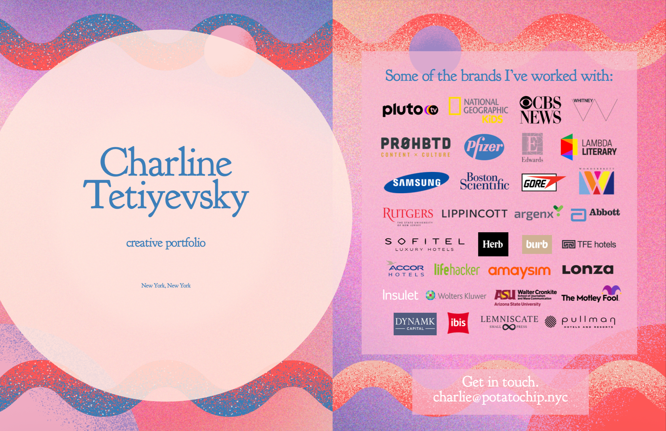The cover of Charline Tetiyevsky's portfolio, including business logos.