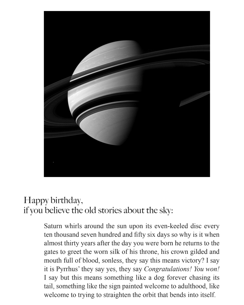 Black and white photo of Saturn with its rings visible in space, accompanied by a poem from the book.