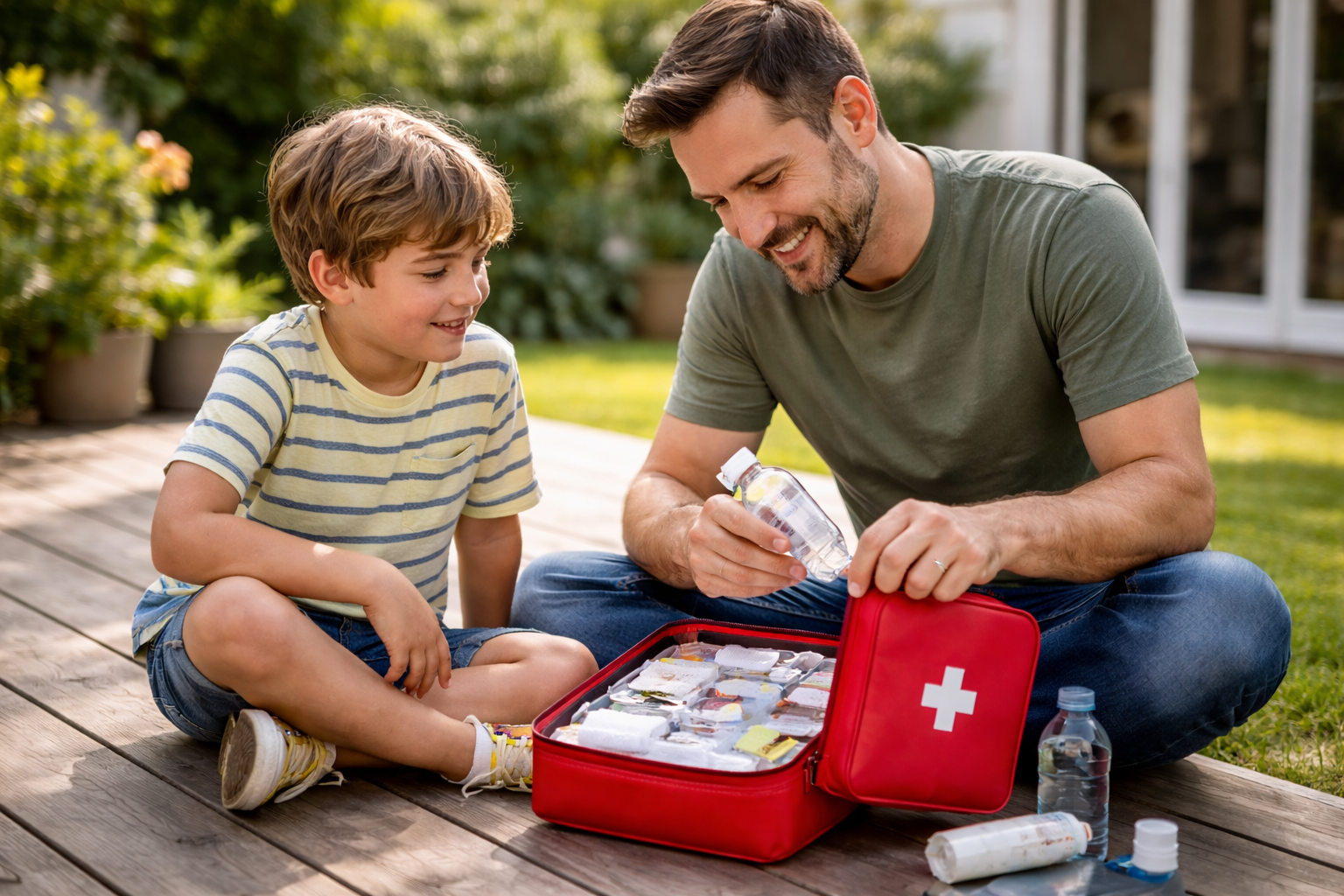 A man and a boy sitting on a wooden deck, smiling and looking at a first aid kit. The man is holding a water bottle and the kit contains various medical supplies.