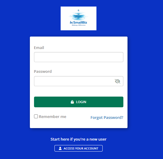 Login screen for bcSmallBiz website with logo, email and password fields, login button, remember me checkbox, forgot password link, and account access button on a blue background.