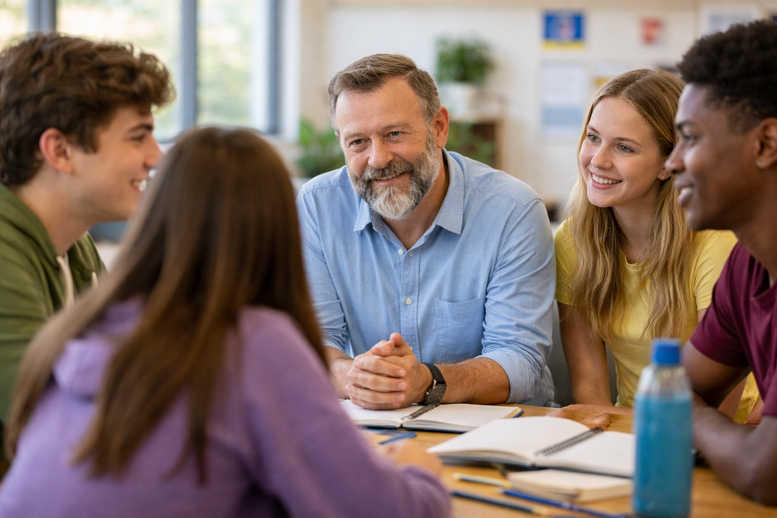 A middle-aged man with a beard and glasses, smiling, sitting at a table with four young adults, engaged in a discussion in a classroom or study room setting.