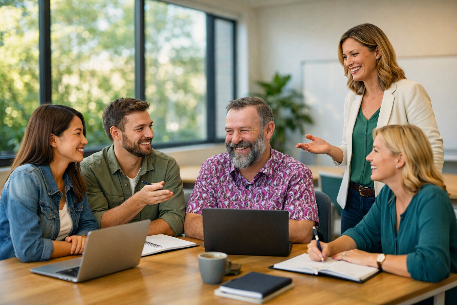A group of six diverse coworkers, three women and three men, are engaged in a lively discussion in a modern office conference room with large windows, laptops, notebooks, coffee cup, and plants visible.